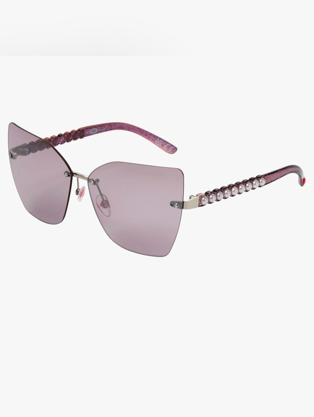 Betsey Johnson Purple Oversized Cat Eye Sunglasses Pearl Temples Rimless UV400